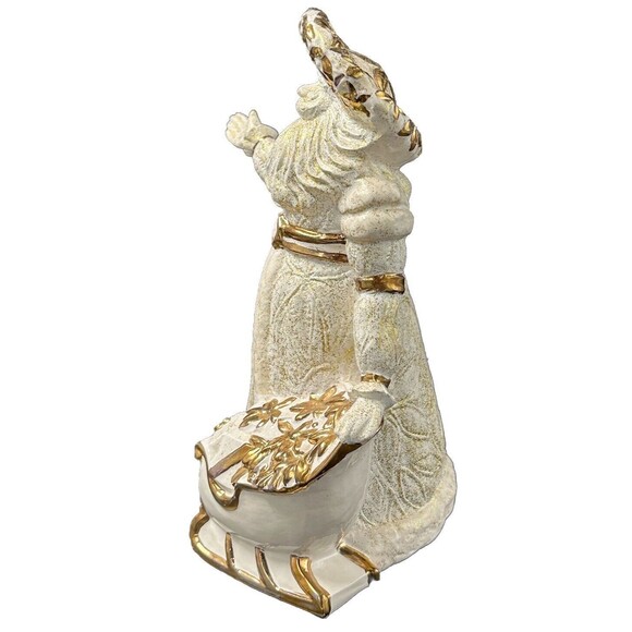 Vintage Ceramic Gold and White Santa Waving with Sleigh of Flowers 9.5 Inch Tall - Picture 2 of 6